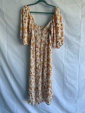 Billabong Floral Boho Midi Dress Puff Sleeve Cottagecore Prairie Dress L